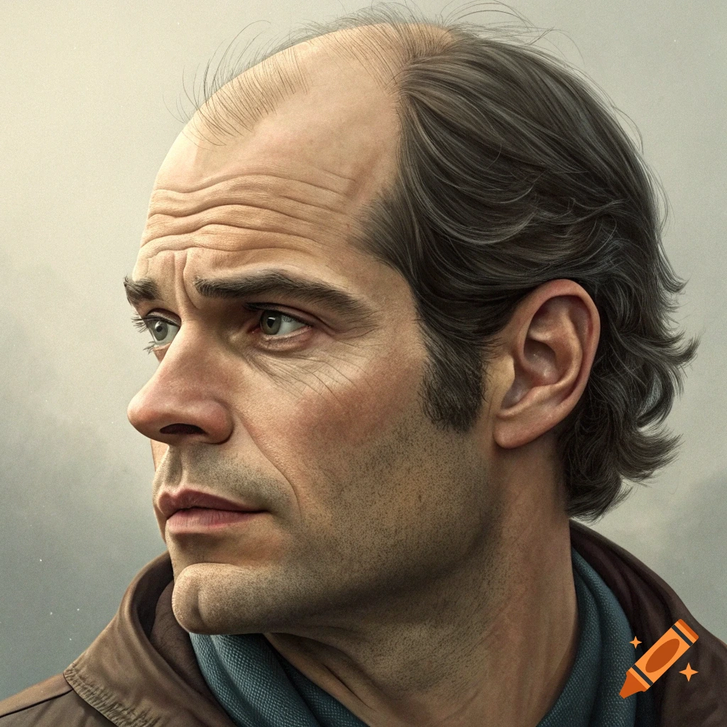 Detailed portrait of a balding man looking to the left