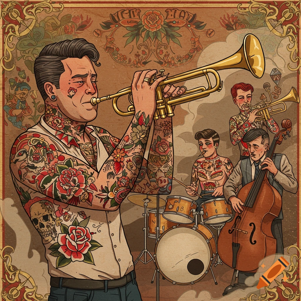 Tattooed jazz band playing instruments in American traditional art style.