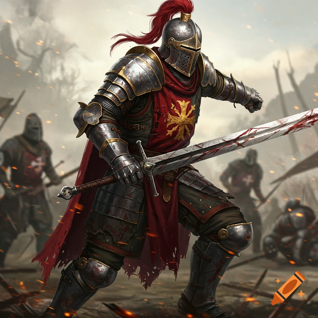 A knight in battle armor with a bloody sword stands on a battlefield.