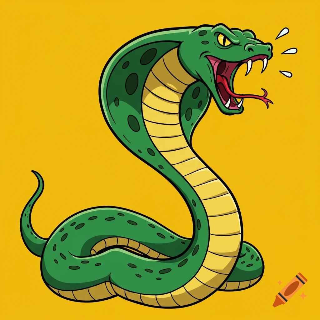 Cartoon green cobra with open mouth on a yellow background.