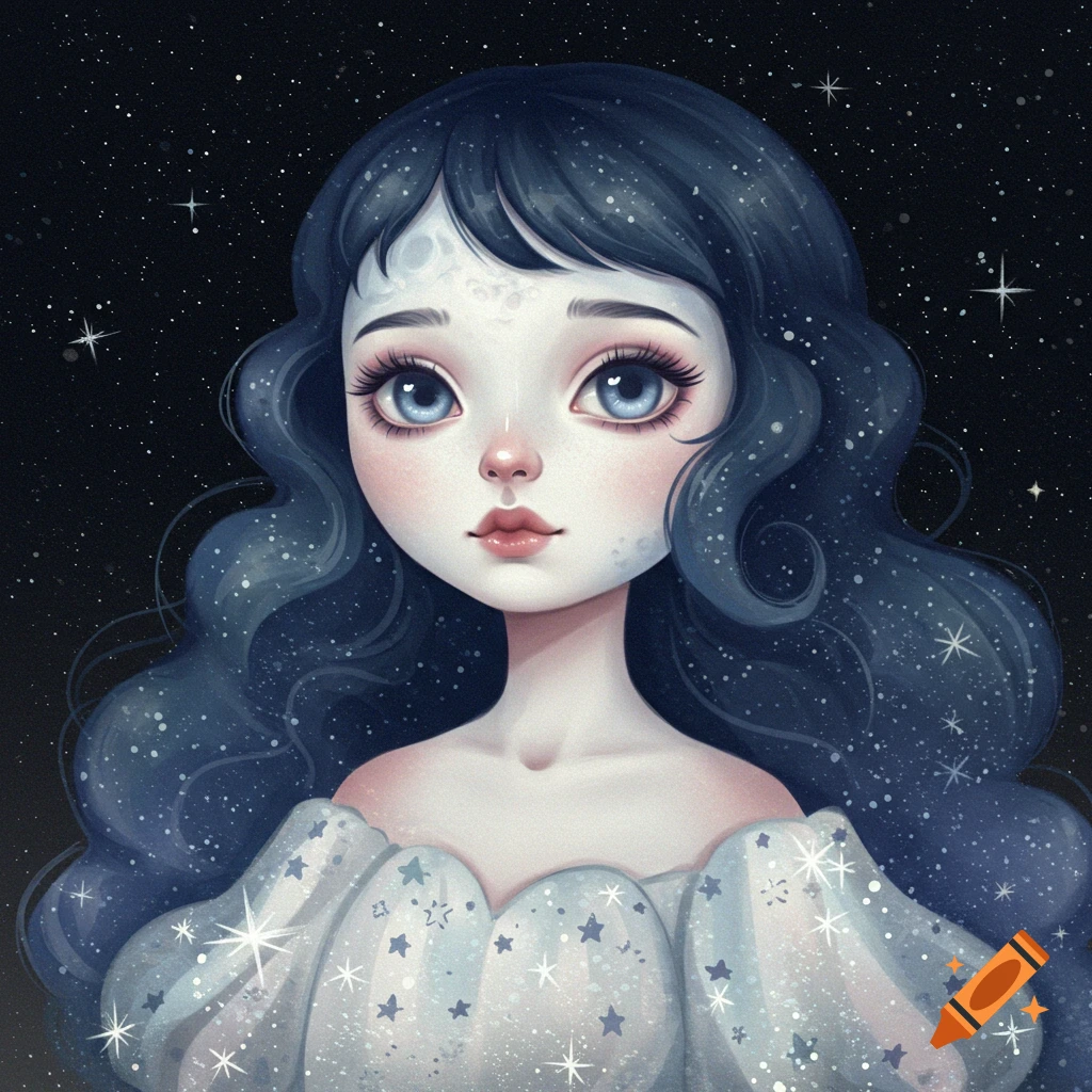 A girl with starry hair and a moon face against a starry night sky