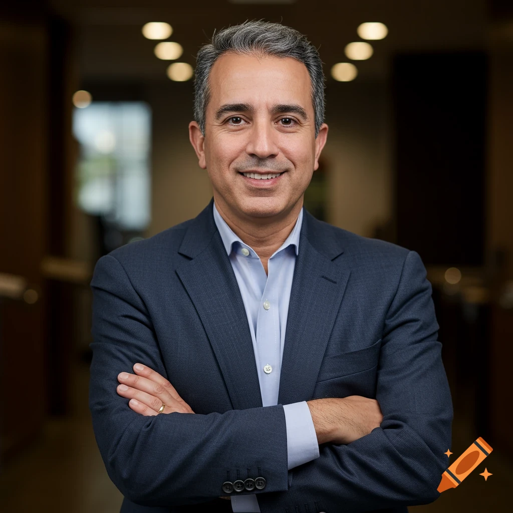 A man in a suit with crossed arms smiles in an office.