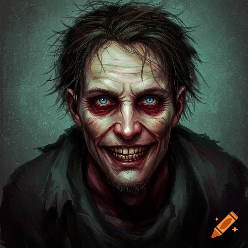 A disturbing man with intense blue eyes and unsettling grin.