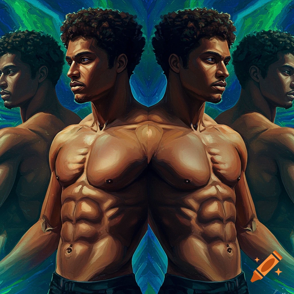 Mirrored muscular man's upper body against abstract green and blue background.