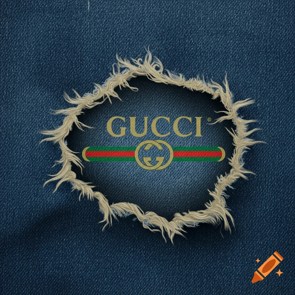 A torn blue denim texture with threads showing, revealing a Gucci logo underneath.