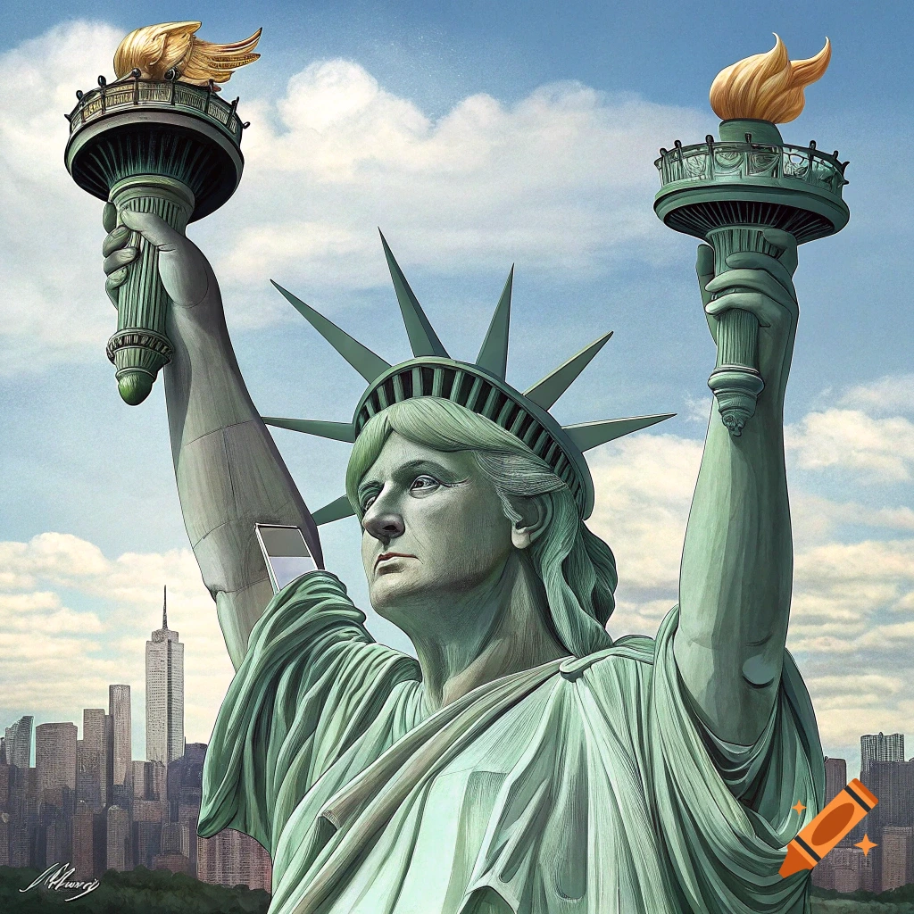 Illustration of the Statue of Liberty with the face of Donald Trump, holding two torches and a smartphone, against a city skyline.