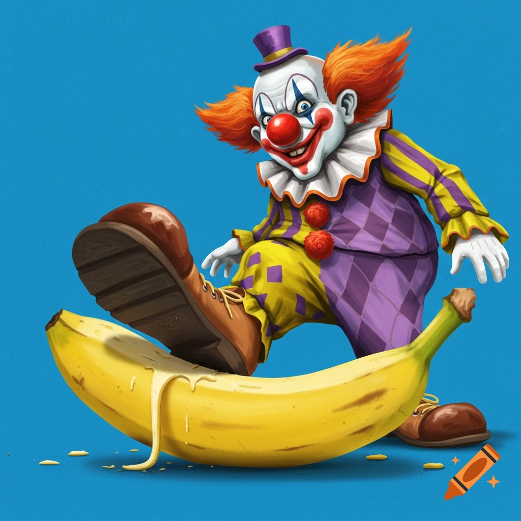 Picture of a clown wearing big shoes about to slip on a banana peel.