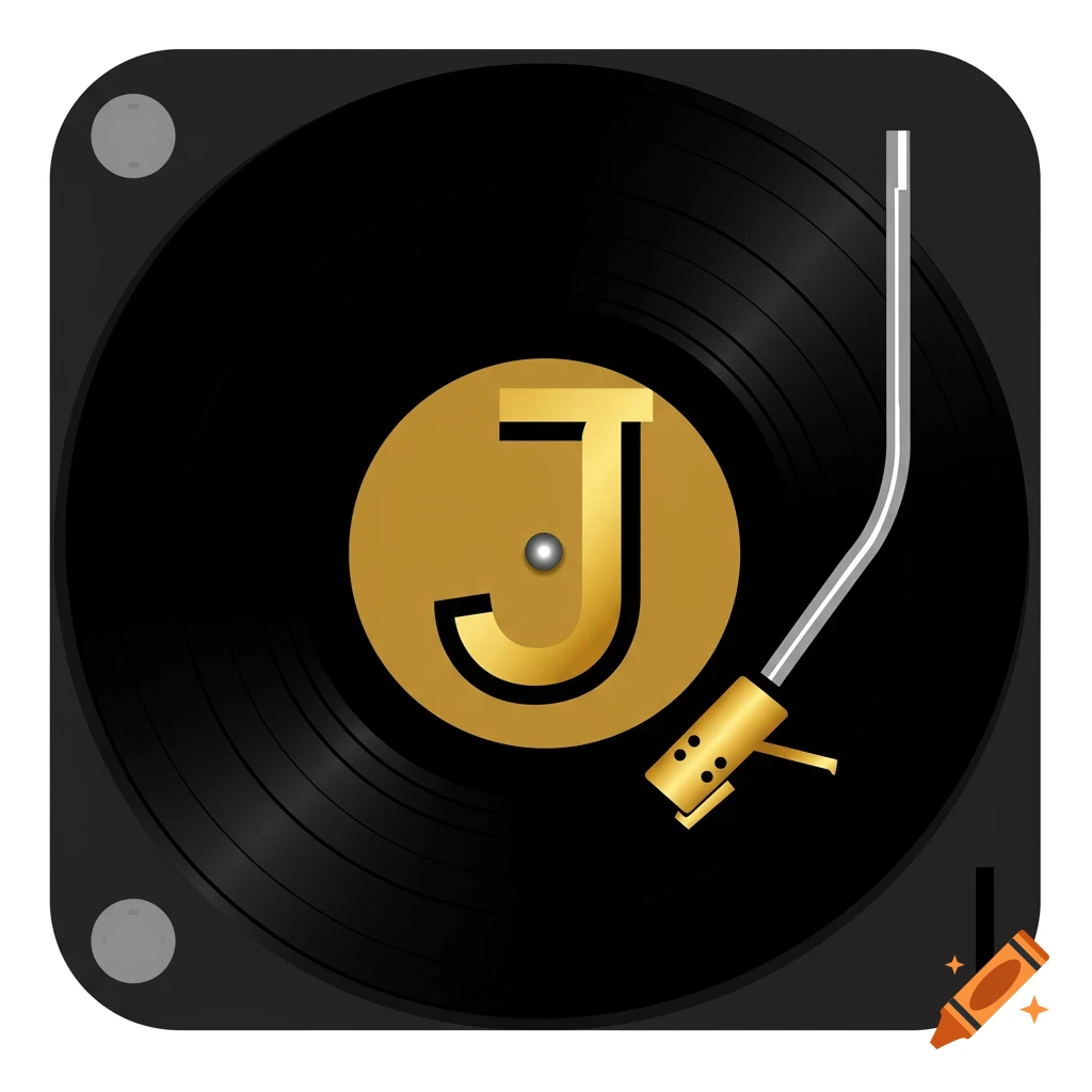 A stylized black vinyl record icon with a golden letter J in the center, integrated with the record arm.