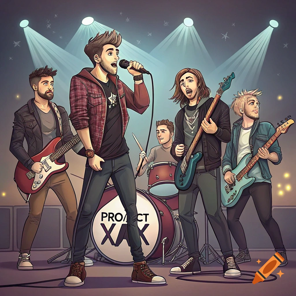 Cartoon illustration of a five-person band performing on stage with spotlights and instruments.
