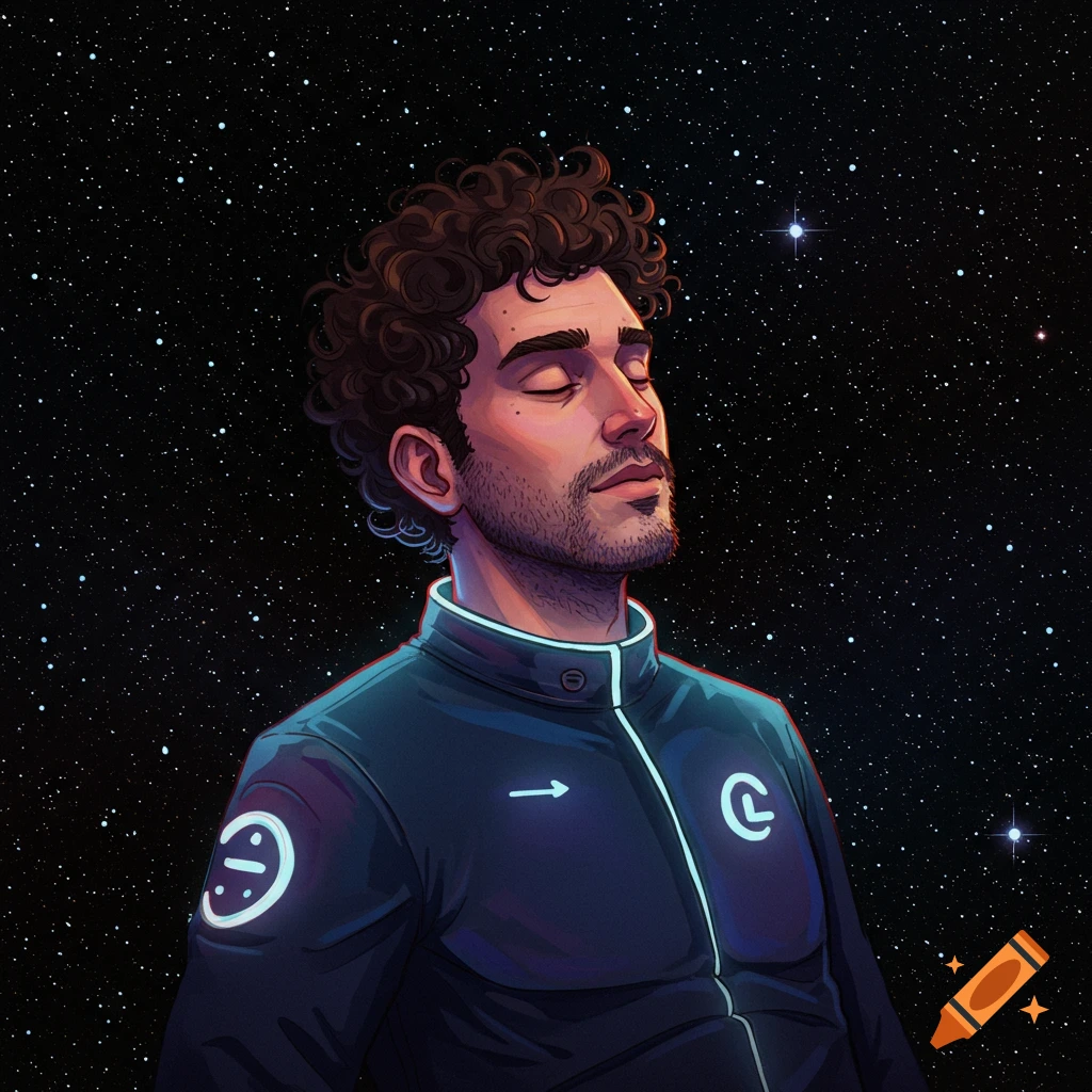 A man with eyes closed, wearing a jacket with symbols, floating in space with stars.