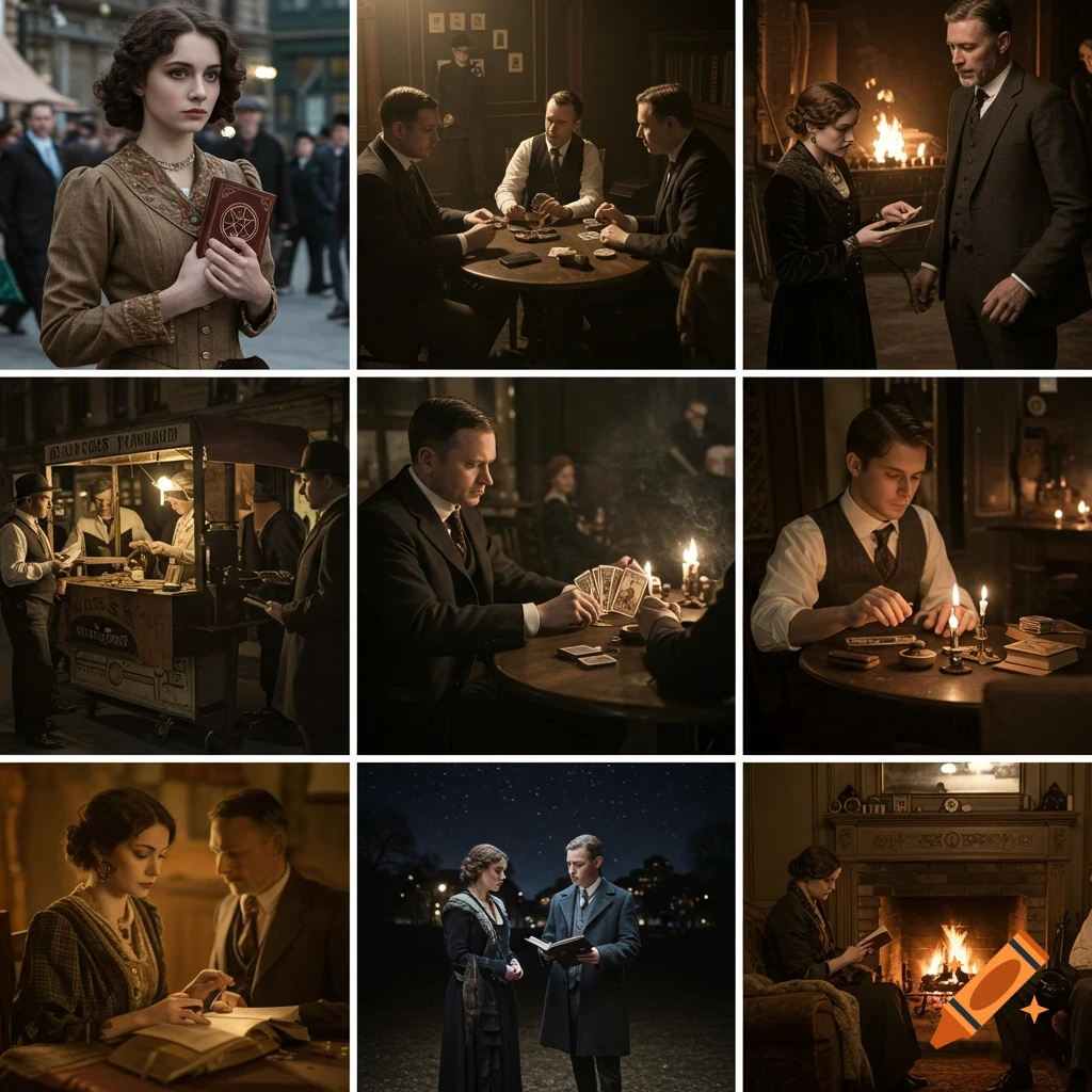 A grid of nine images depicting people in various early 1900s settings, reading, playing cards, and interacting, in a photographic style.