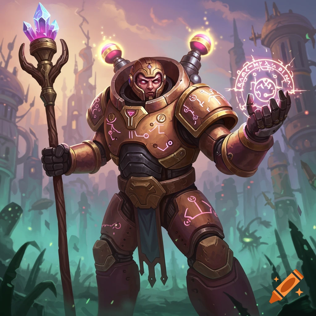 A fantasy warrior in golden armor and helmet, holding a staff and casting a glowing spell in a city.