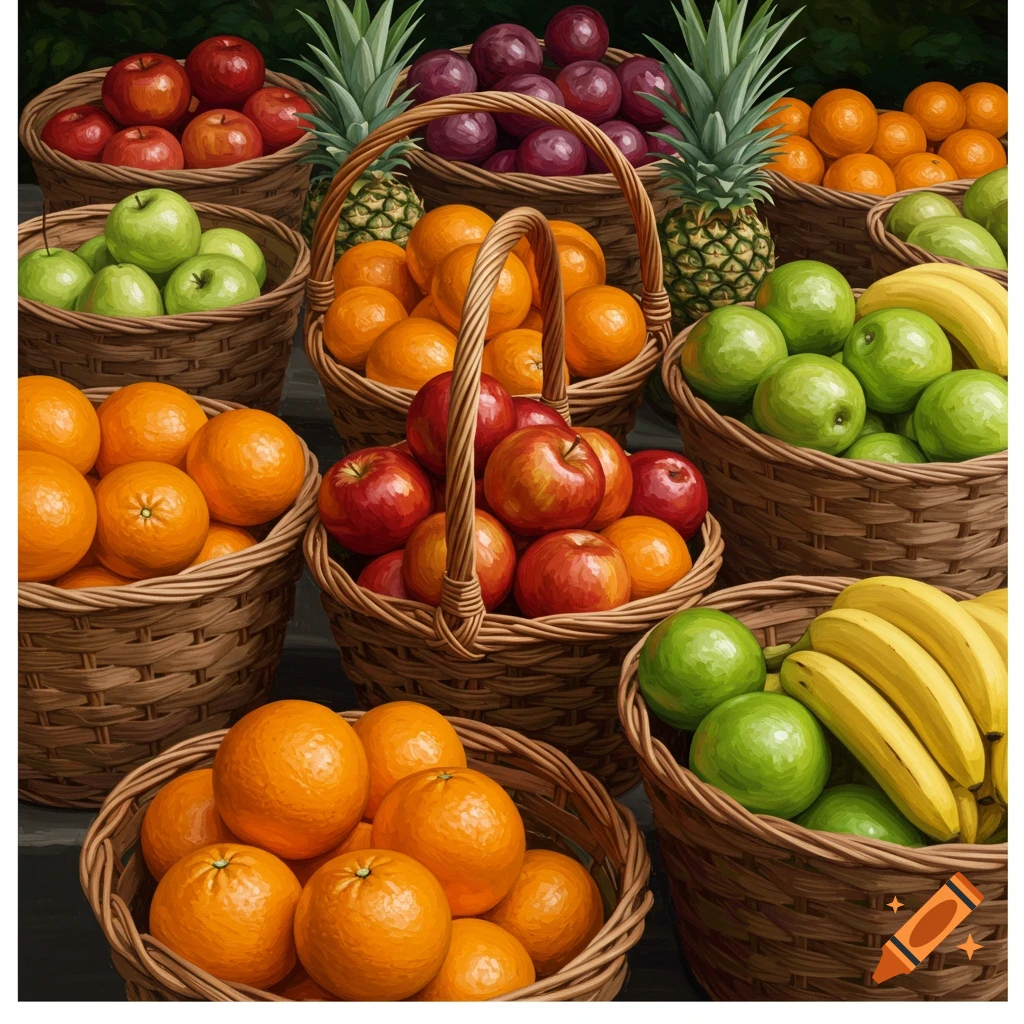Multiple baskets overflowing with various fruits