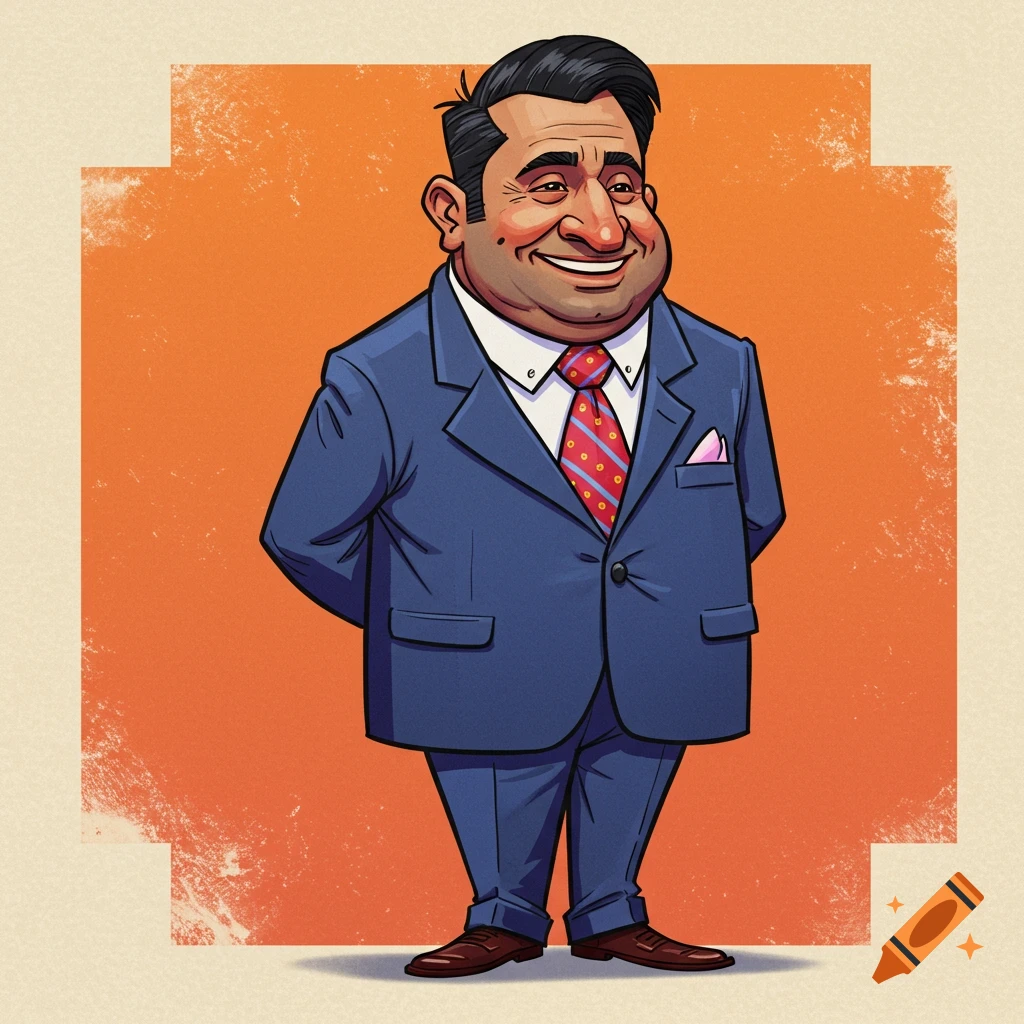 A cartoonish businessman is wearing a suit.