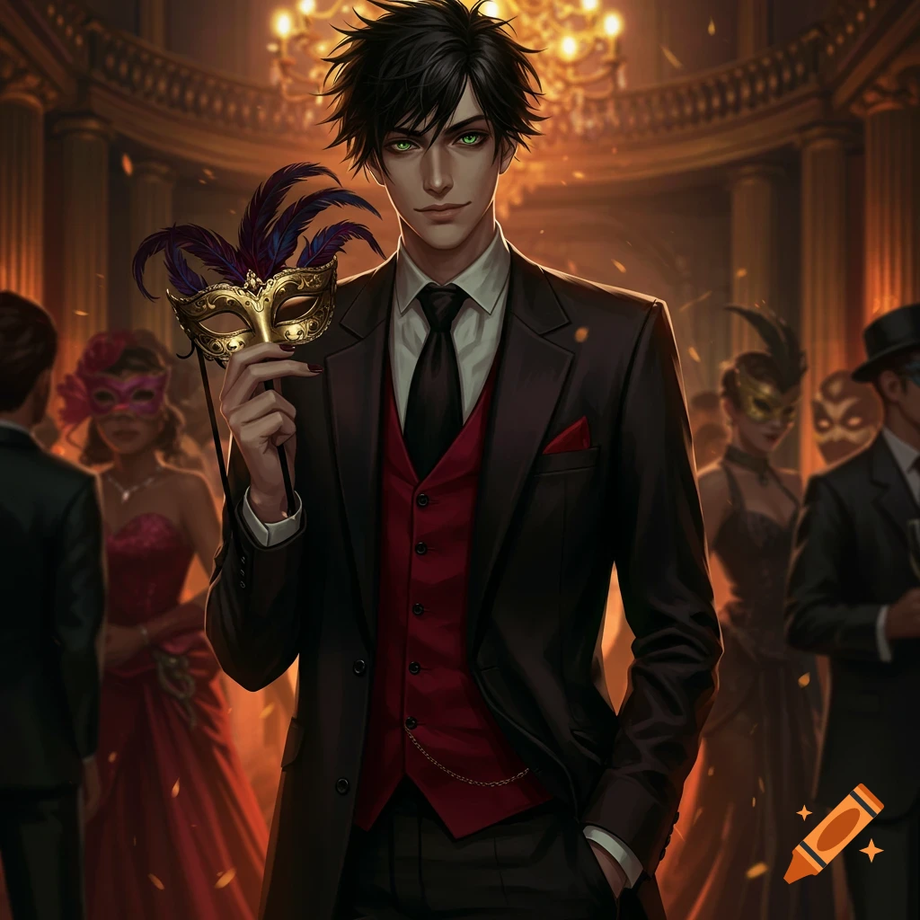 A man in a suit holding a mask at a masquerade party.