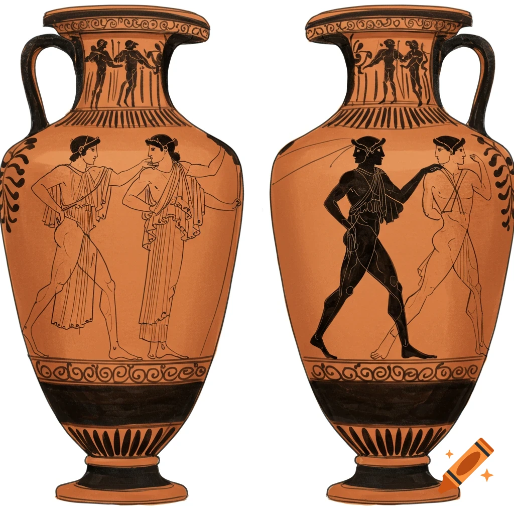 Two Ancient Greek amphora vases side-by-side, illustrated in red-figure style with figures dancing and wrestling.