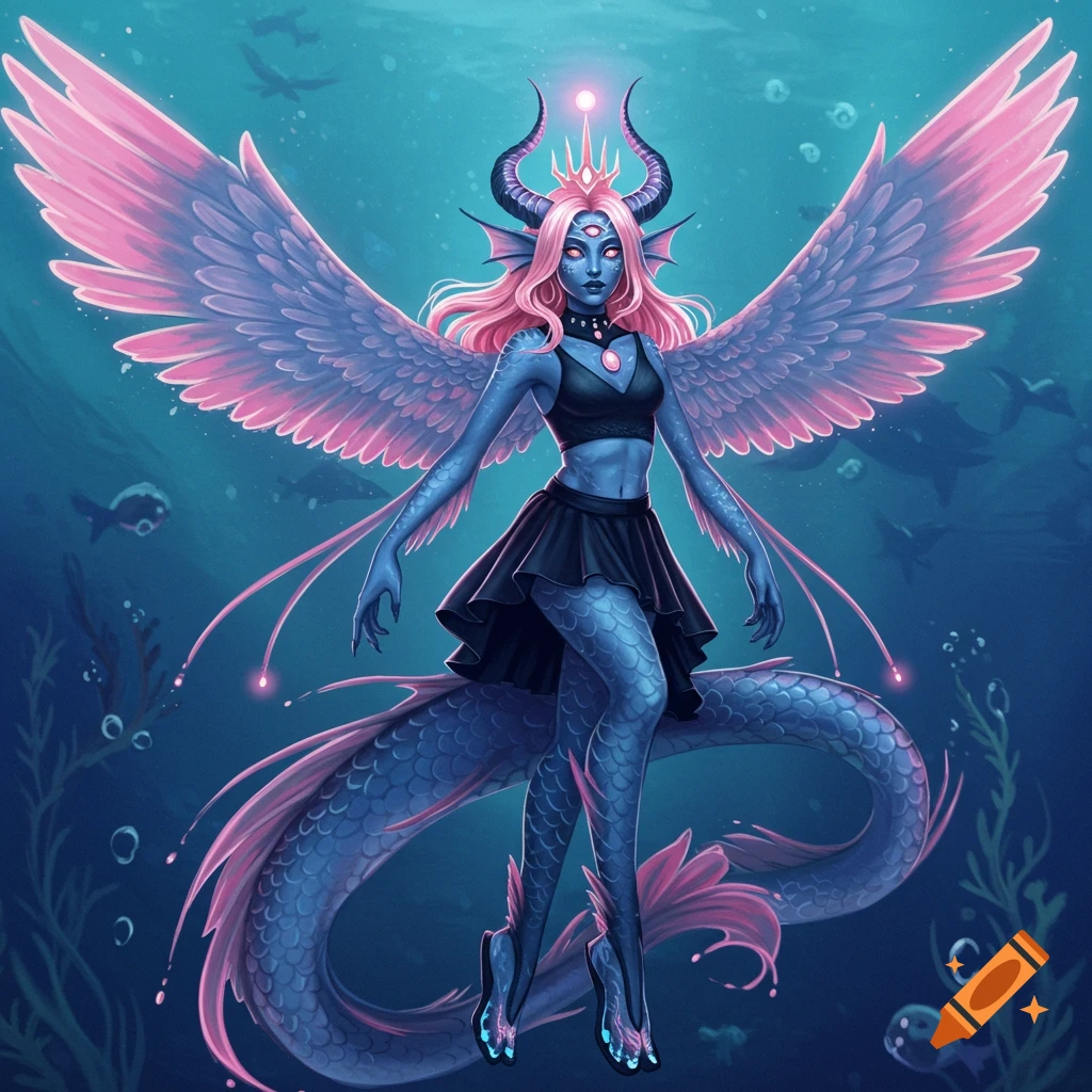 A blue sea monster with wings, pink hair, horns, third eye, crown, tail, and transparent shoes underwater.