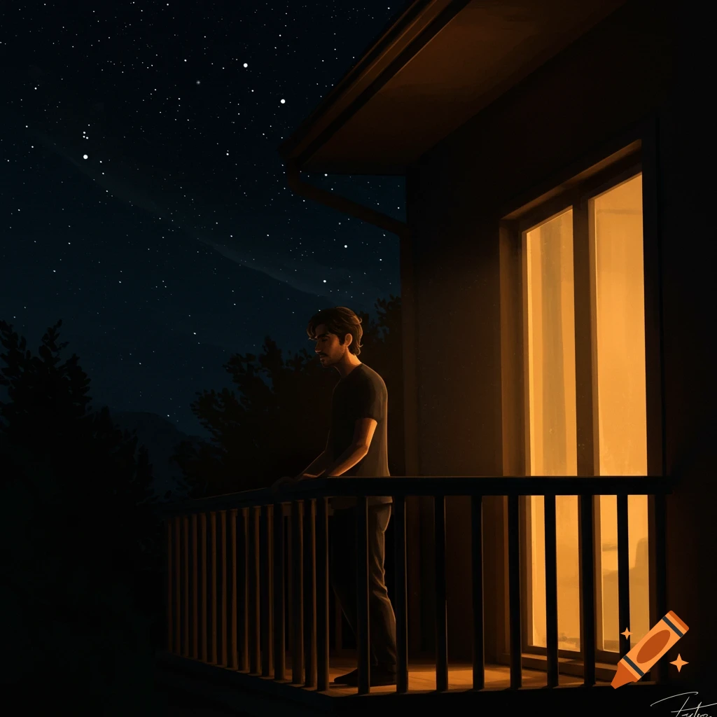 A man stands on a balcony at night, looking up at the stars. Lit by light from inside.