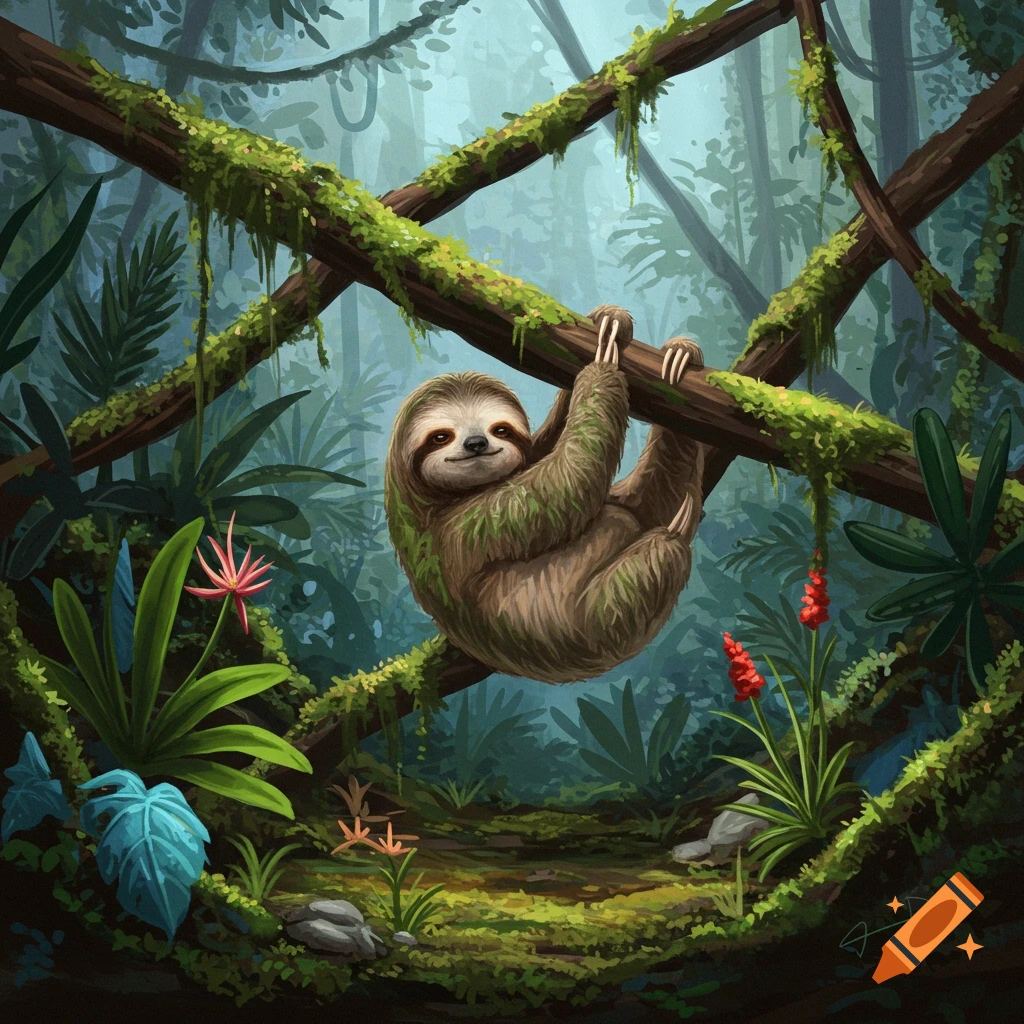 A sloth hanging from a vine in a lush jungle