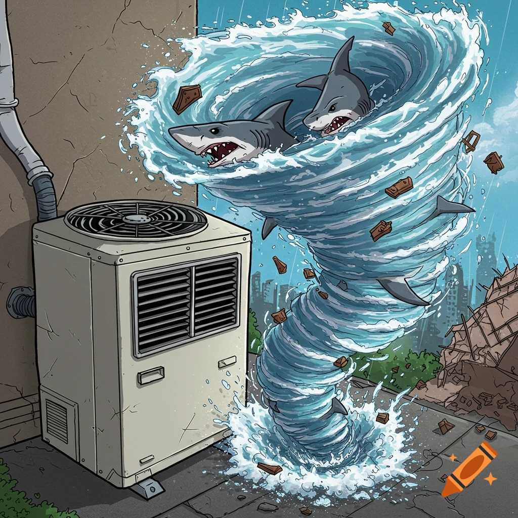 A Sharknado hitting an HVAC unit outside a damaged building with sharks flying in the water vortex.
