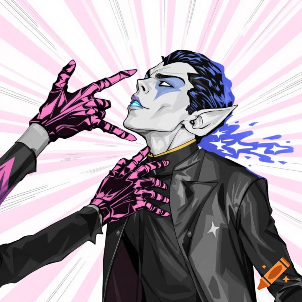 A stylized illustration of a character with pointed ears and blue makeup, wearing a dark suit, with hands in pink skeleton gloves making rock gestures. The background is pink and white striped.
