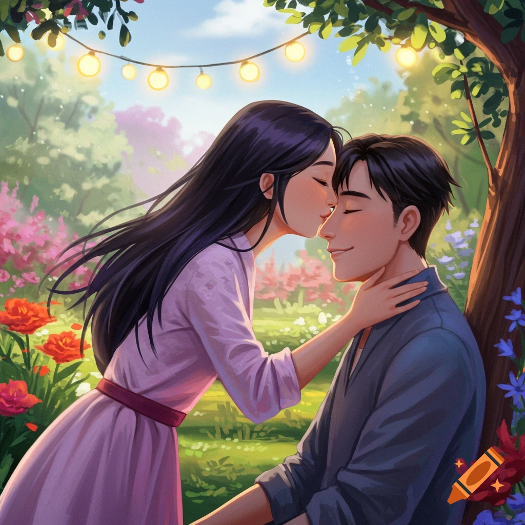 A couple is kissing in a garden with string lights.