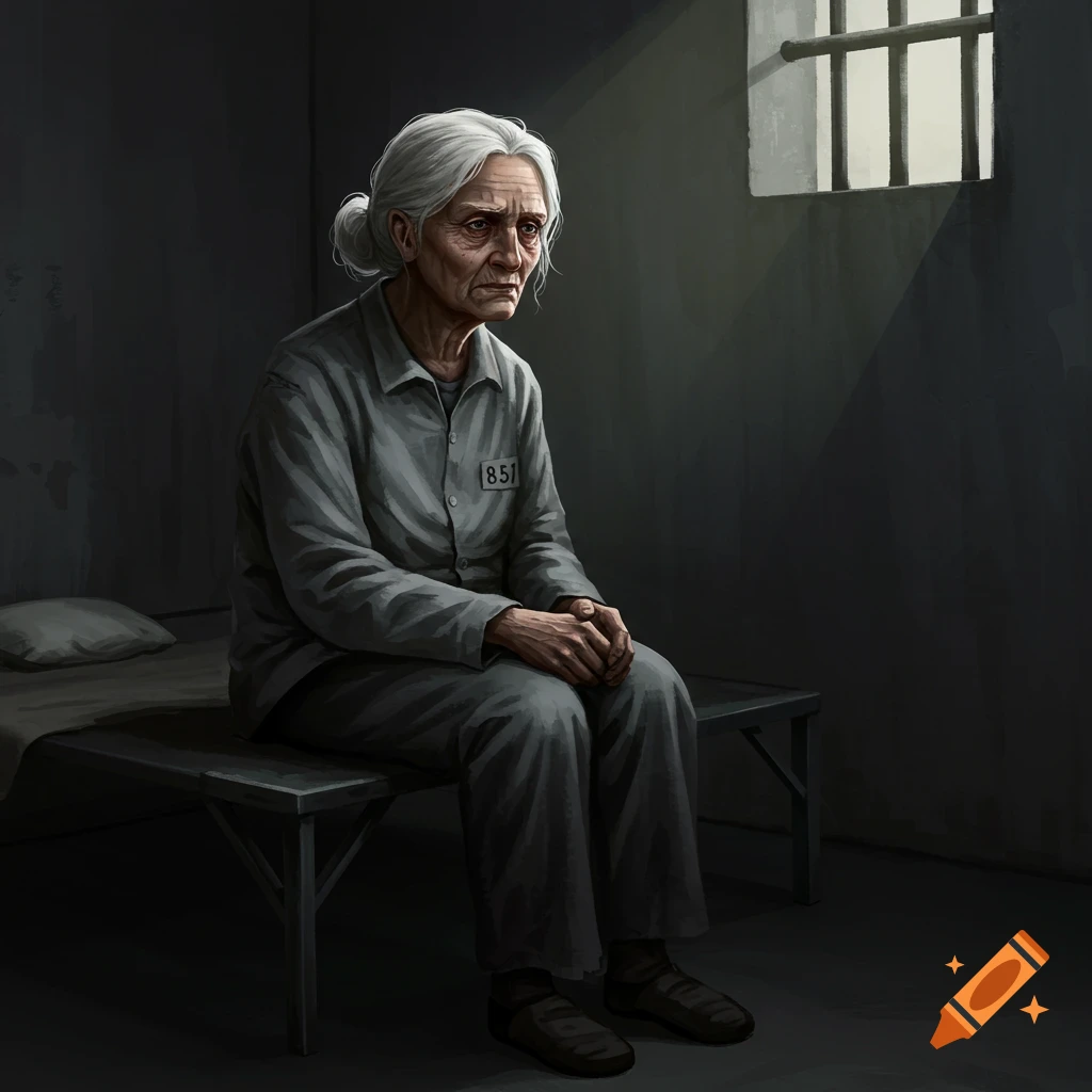 An older female prisoner sits sadly on a cot in a dimly lit cell.