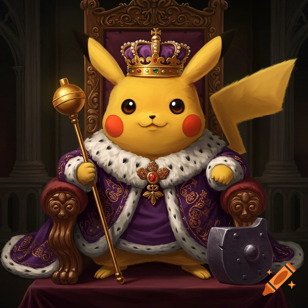 Pikachu dressed as a king sitting on a throne