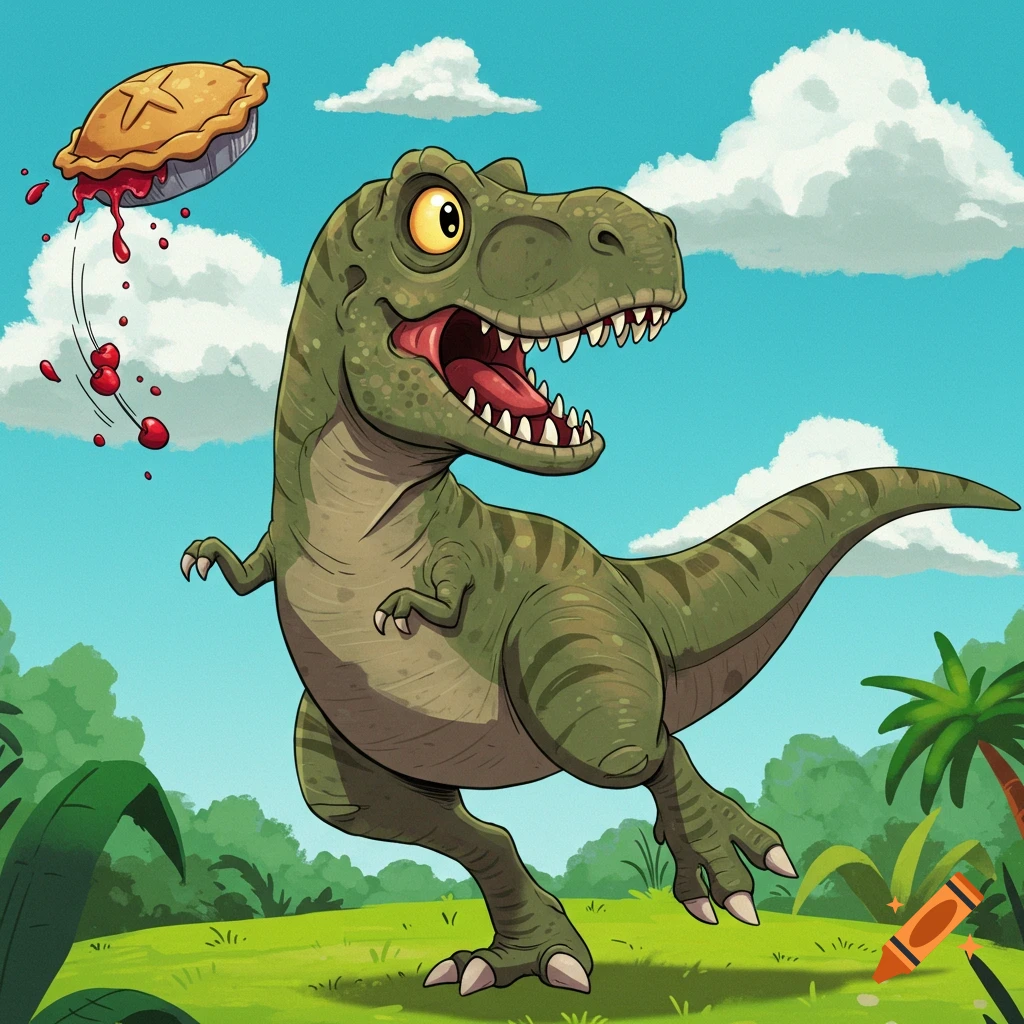 A cartoon T-Rex throws a pie in a green landscape under a blue sky.