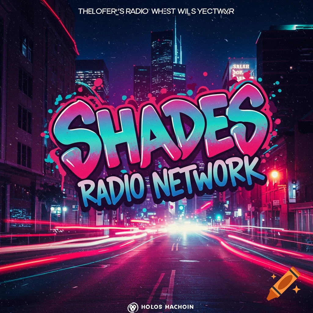 A stylized digital art image of a neon-lit city street at night with light trails and large graffiti text overlay reading "Shades Radio Network."