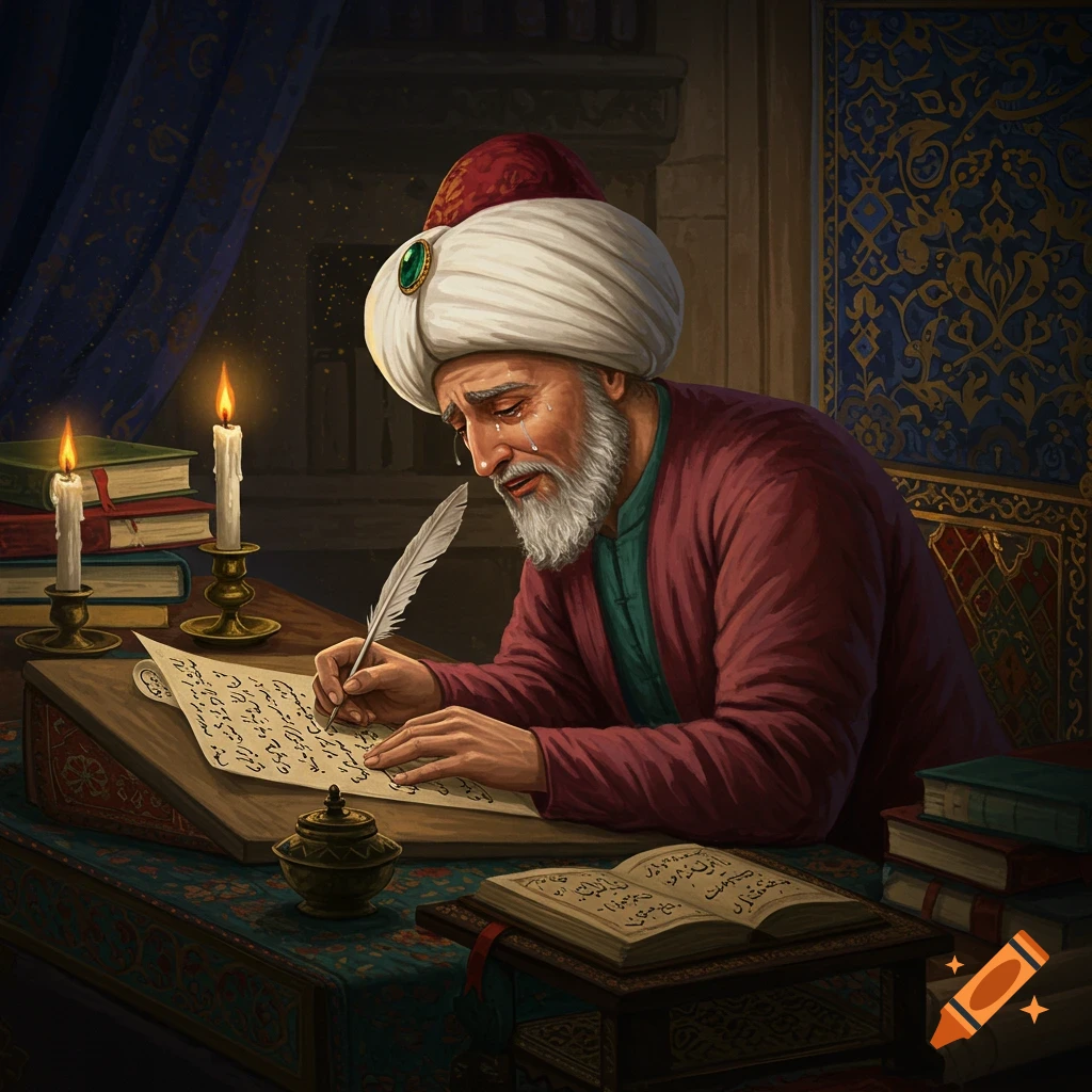 An old man in historical attire writes with a quill by candlelight, tears on his face.