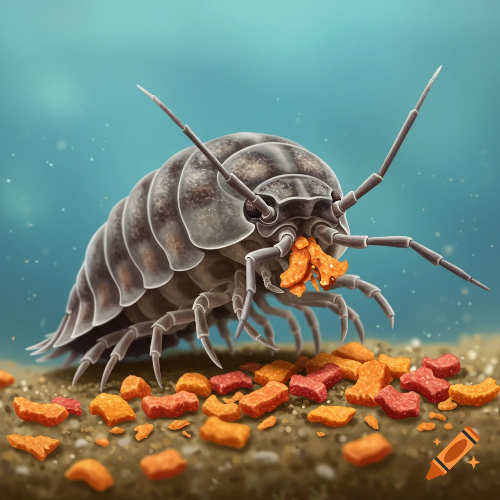 An isopod eating orange and red fish food on the ground.