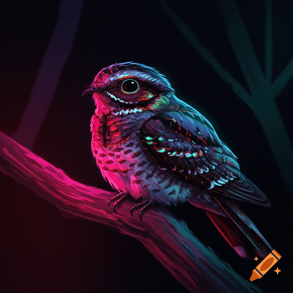 A nightjar perched on a branch, illuminated by vibrant neon pink, blue, green, and red light against a dark background.