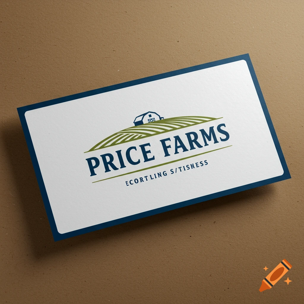 A white business card with a blue border lies on a brown surface, featuring a logo with a blue barn on a green field over the words 'PRICE FARMS' in blue text and smaller illegible text below.