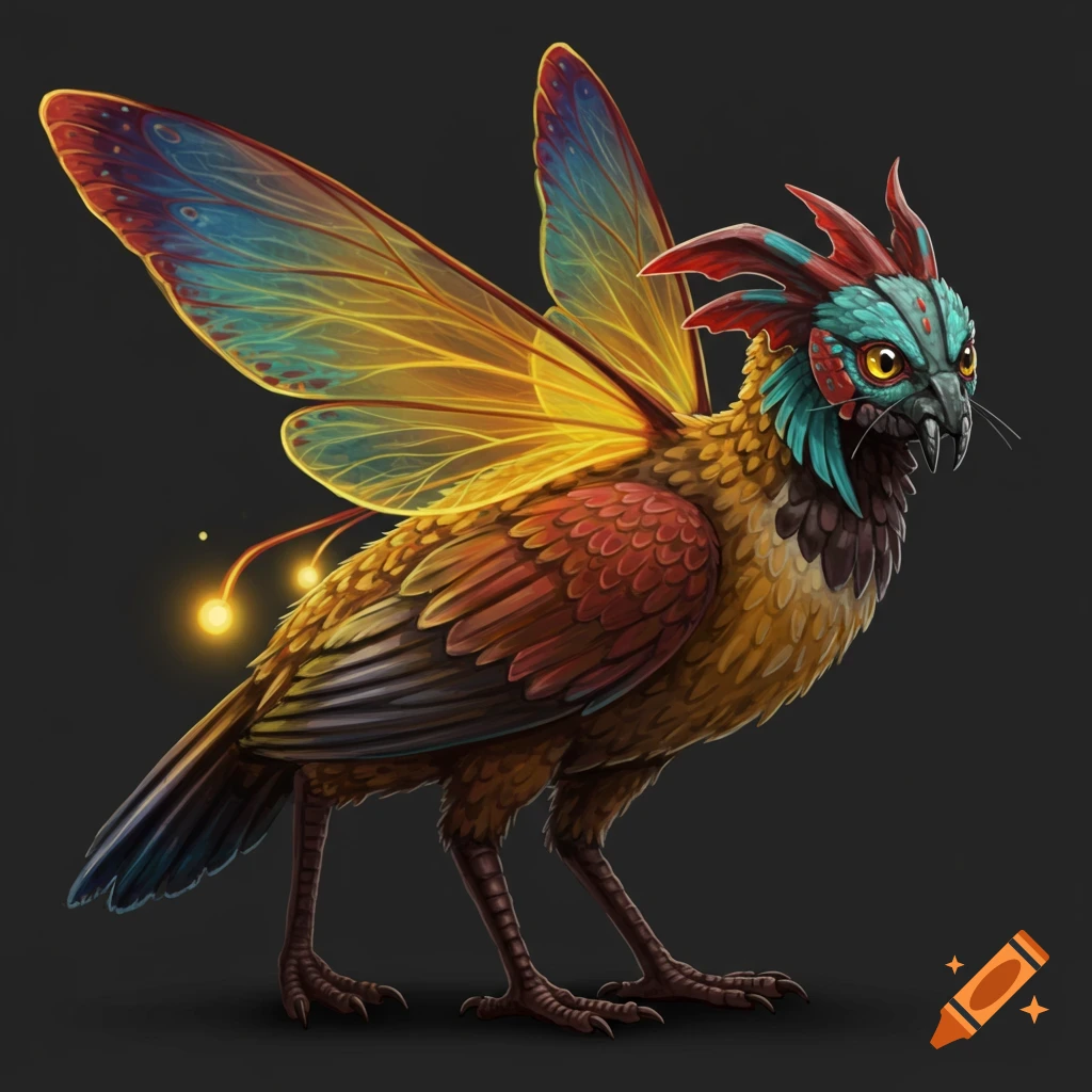 A fantasy creature with colorful insect wings, a bird body, and an axolotl-like head.