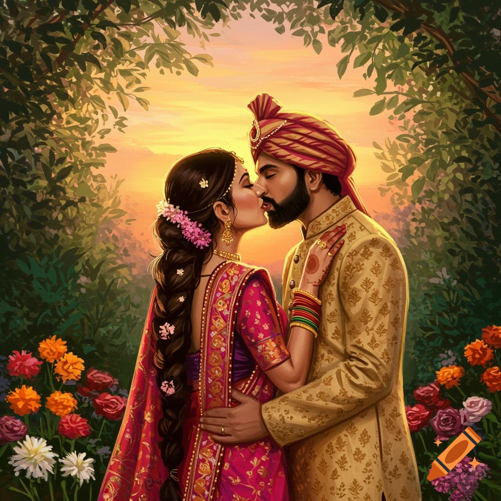 An Indian couple is kissing in a lush garden at sunset, wearing traditional attire.