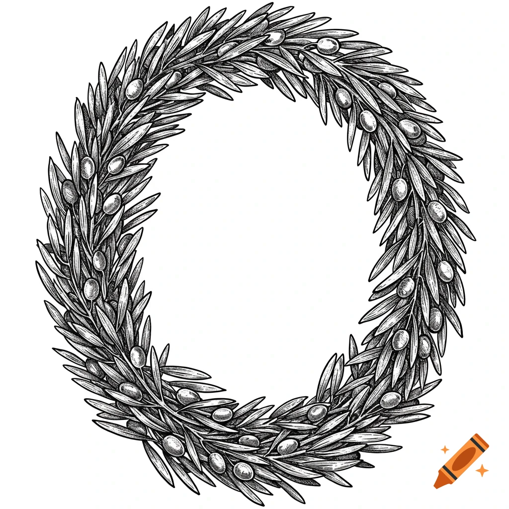 Black and white ink illustration of an oval olive branch wreath with leaves and olives.