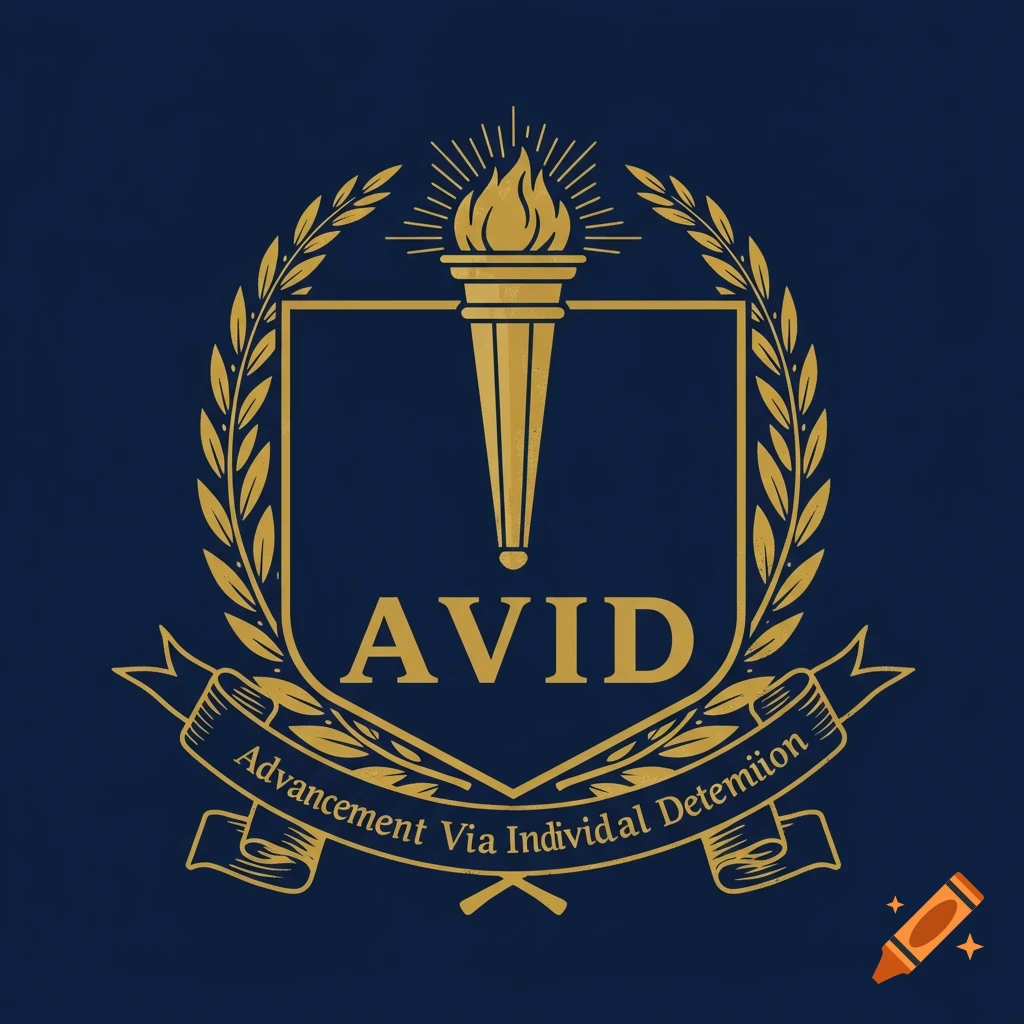 Gold and blue educational crest logo with a torch, leaves, shield, and ribbon banner with text.