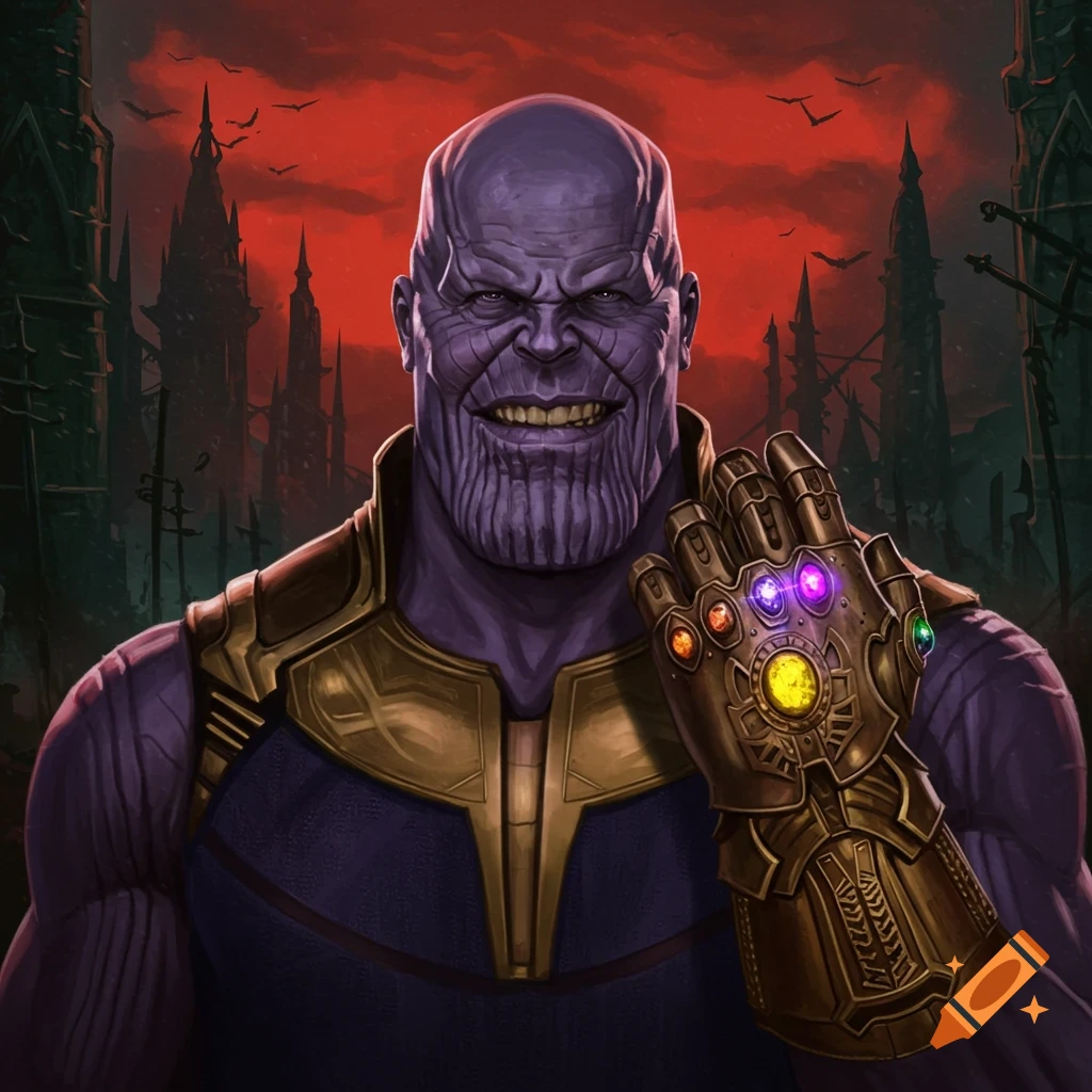A purple-skinned villain resembling Thanos and Nosferatu holding the Infinity Gauntlet against a dark, eerie background.