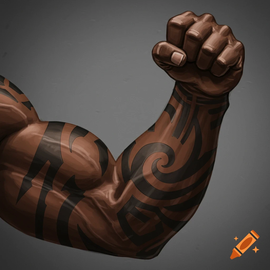 Black man's forearm with a clenched fist, showing tribal tattoos.
