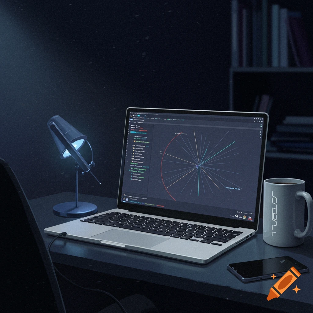A laptop displaying code and data visualizations on a dark desk with a lamp, coffee mug, and phone.