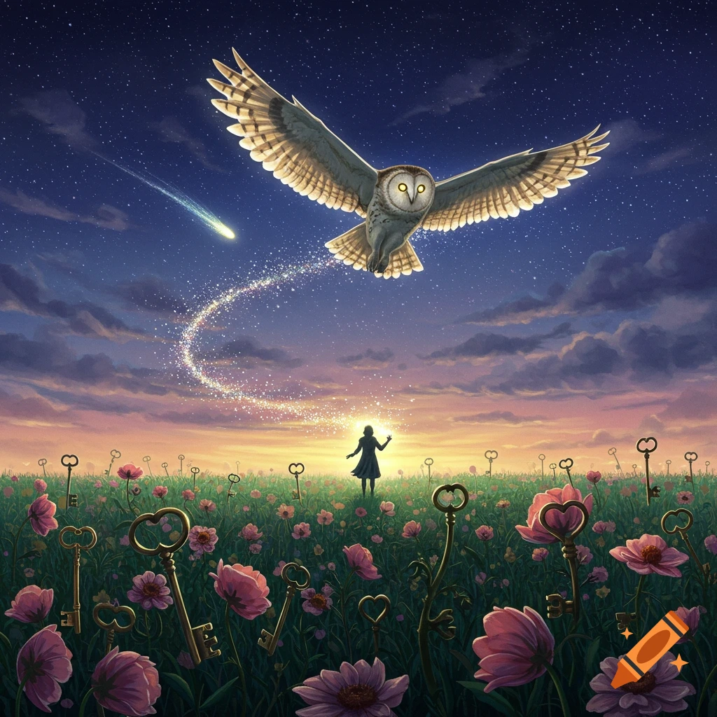 A person standing in a field of flowers and keys under a starry sky, with an owl flying overhead leaving a glittering trail.