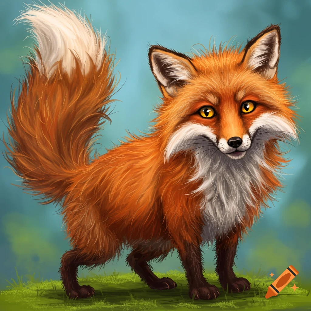 An orange fox standing on grass.