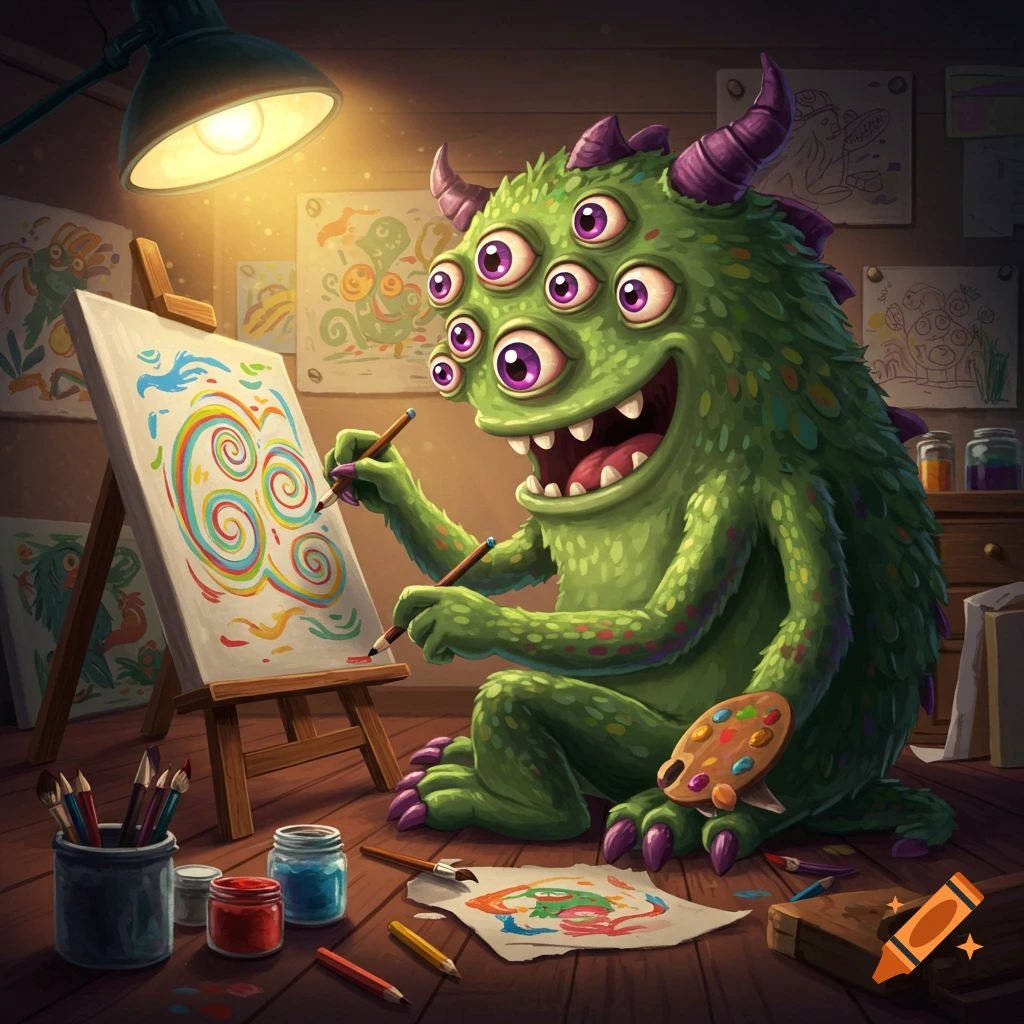 Green monster with many eyes on a canvas in an art studio.