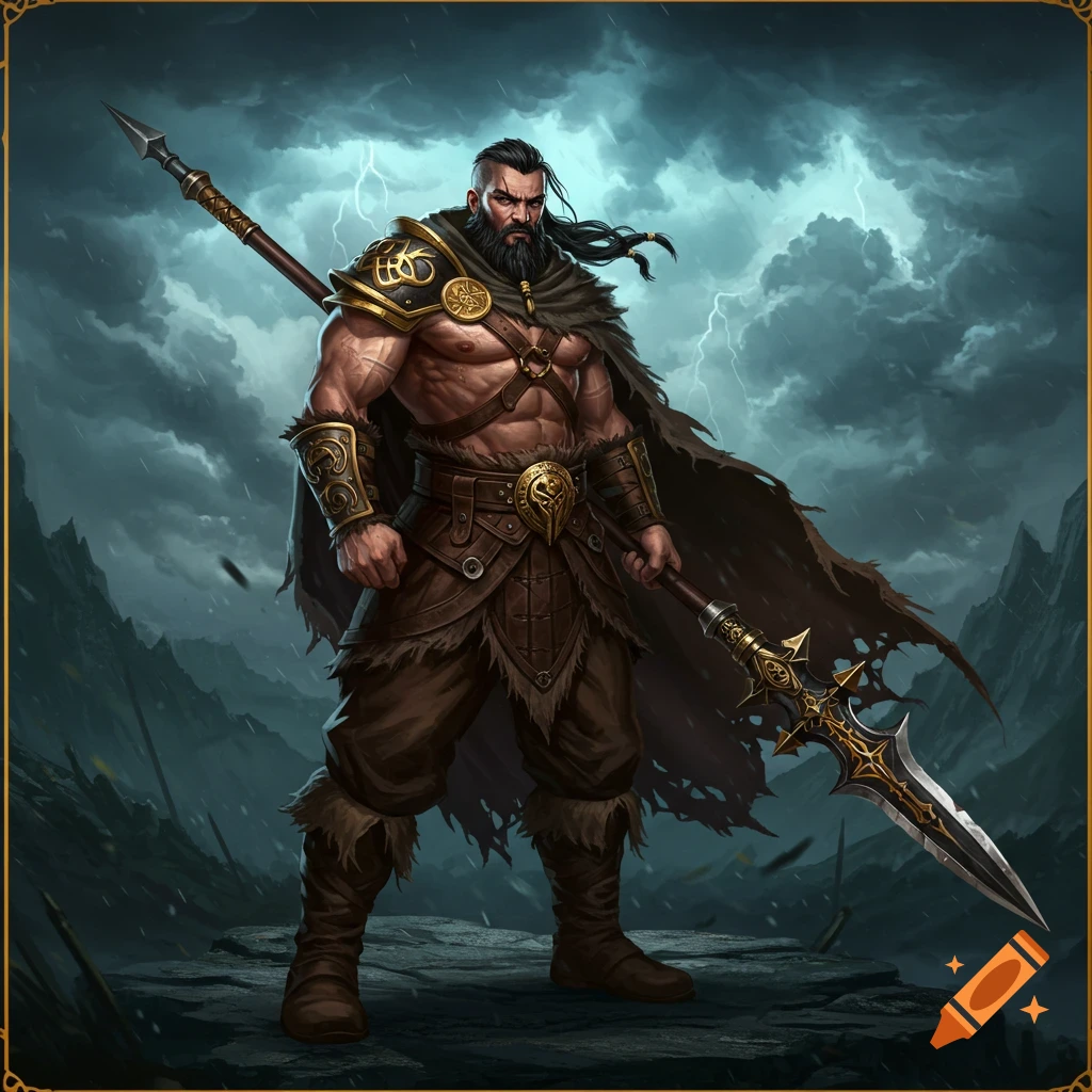 A muscular man in fantasy armor with a spear stands on rocks under a stormy sky with lightning.