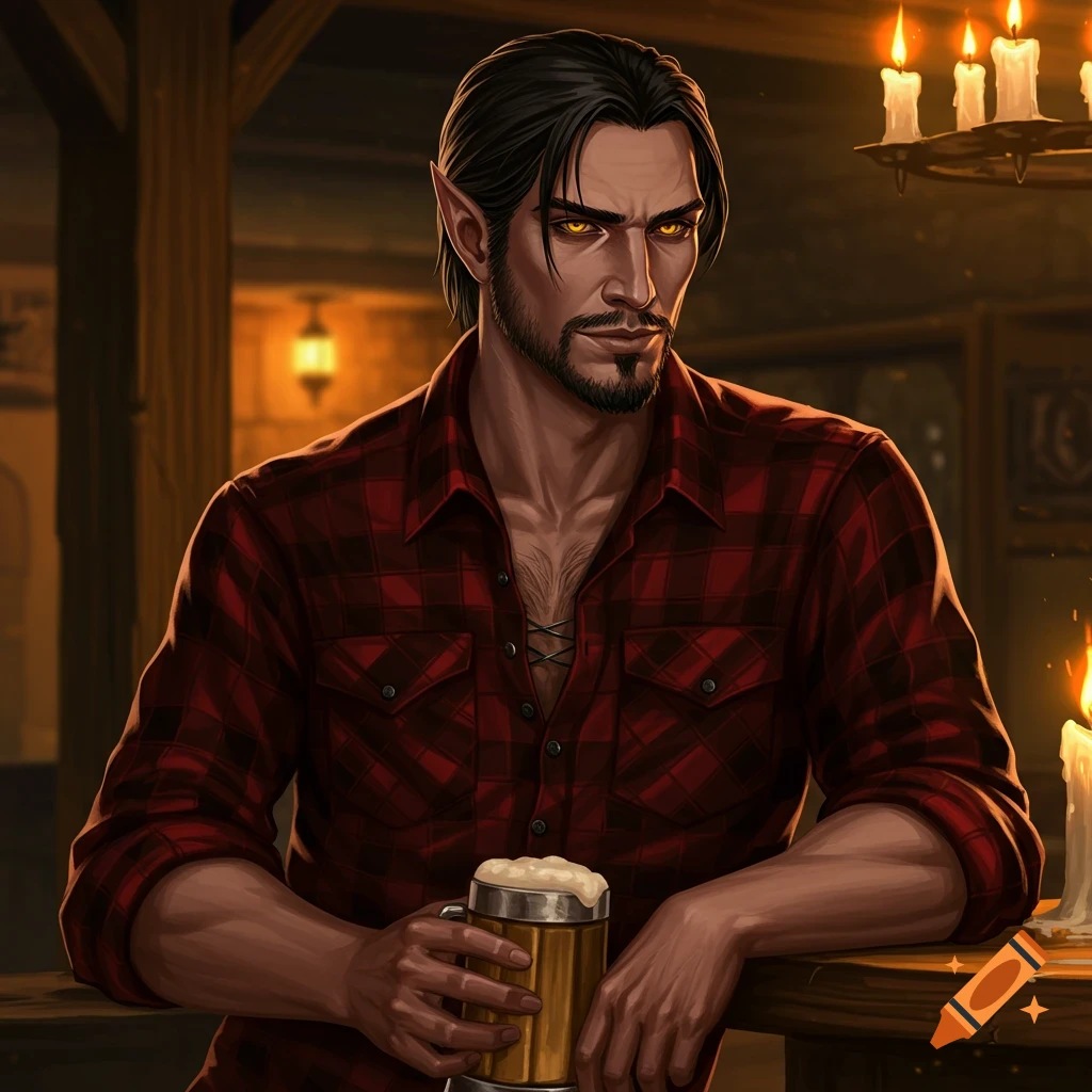 A dark-haired man with pointed ears and glowing eyes wears a red flannel shirt and holds a beer in a tavern.