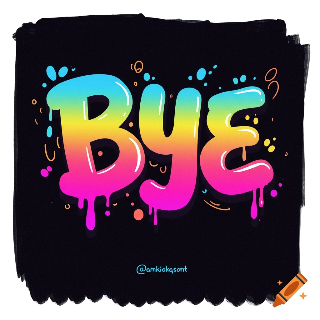 Colorful bubbly text spells BYE with drips and splashes on a black background.