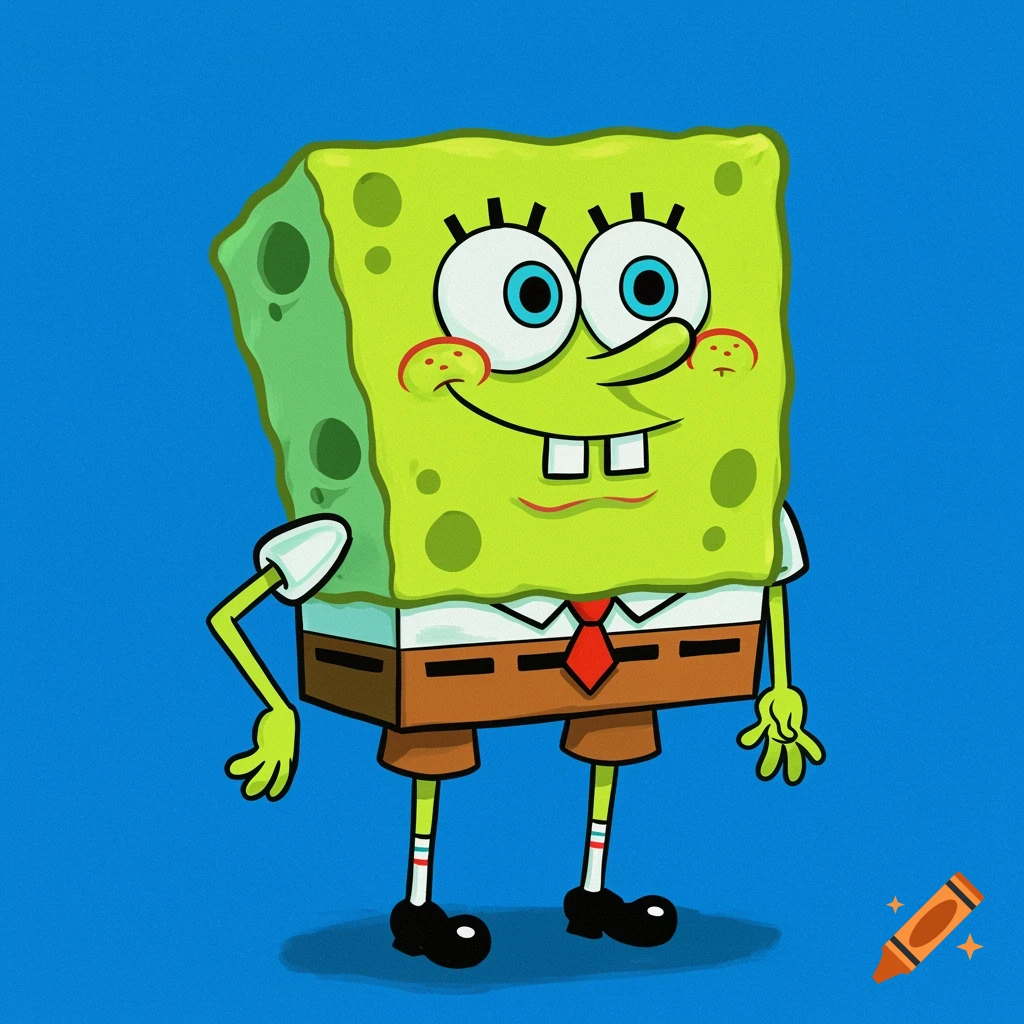 Emerald green SpongeBob SquarePants in a white shirt, red tie, and brown pants against a solid blue background.