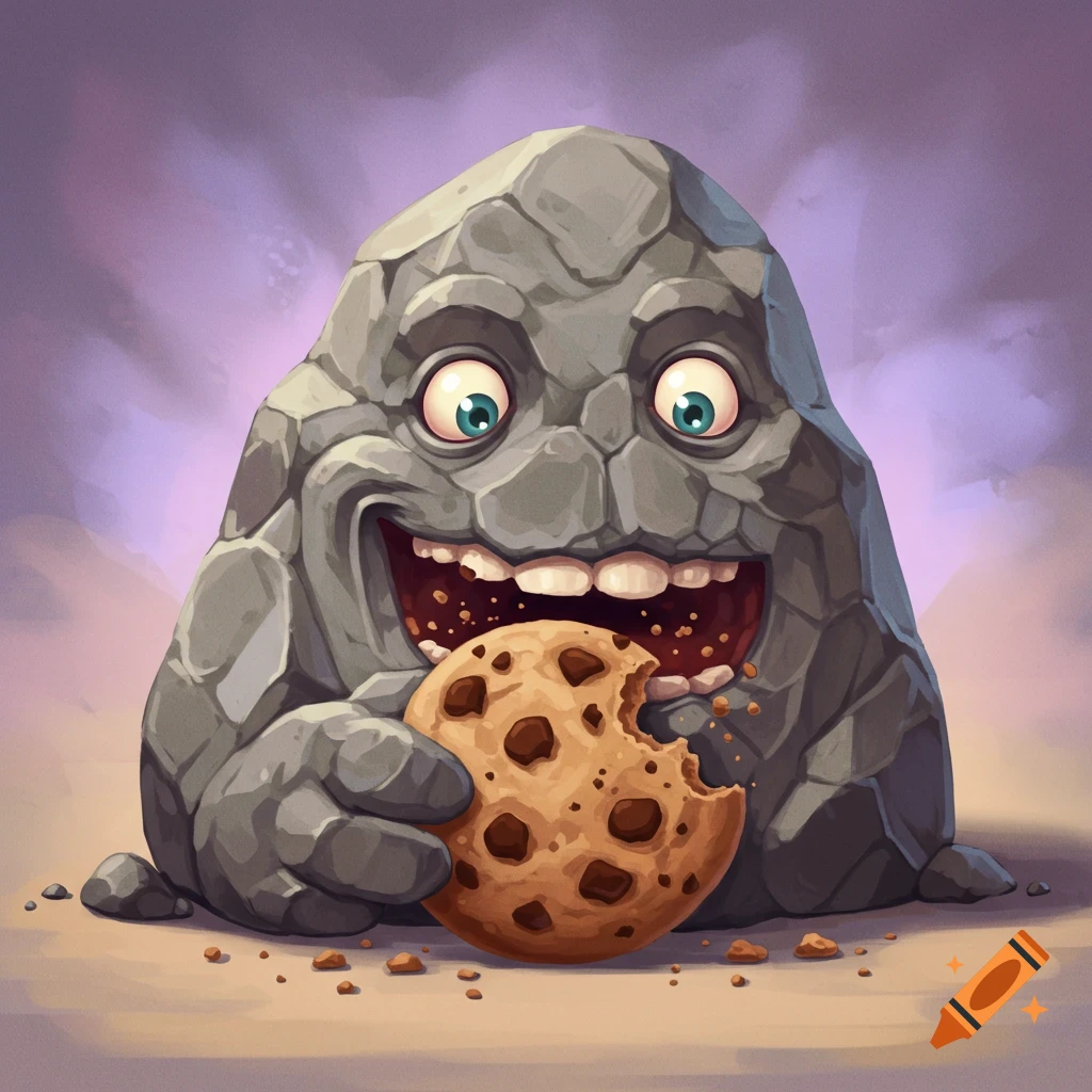 A cartoon rock monster is happily eating a large chocolate chip cookie.