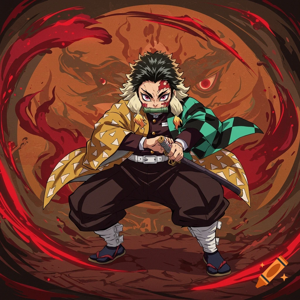 Anime style image of a character in a crouch, holding a sword, with red energy and a large face in the background.